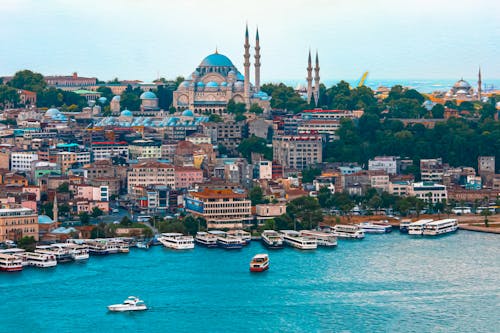 The Süleymaniye Mosque with City Buildings with a View for Across Bosporus Strait in Istanbul, Turkey