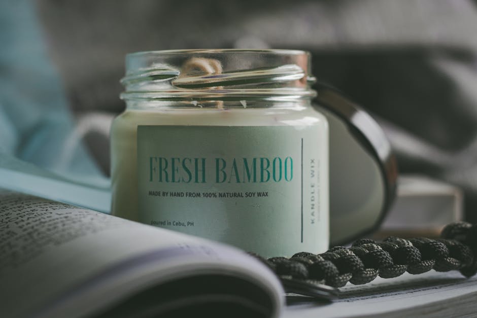 Close-up of a soy wax candle labeled Fresh Bamboo, offering a calming home fragrance.