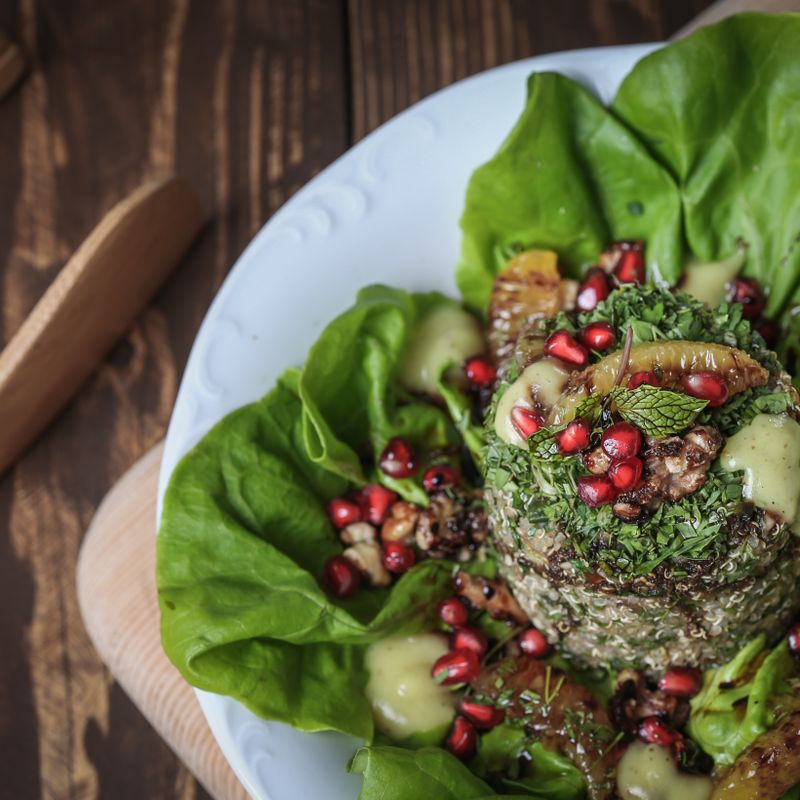 Moroccan Spinach and Walnut Quinoa Pastilla with Pomegranate