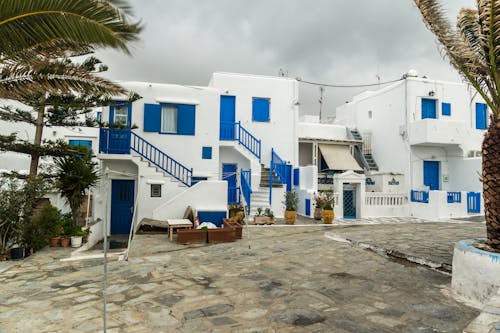 White and Blue Houses near Trees