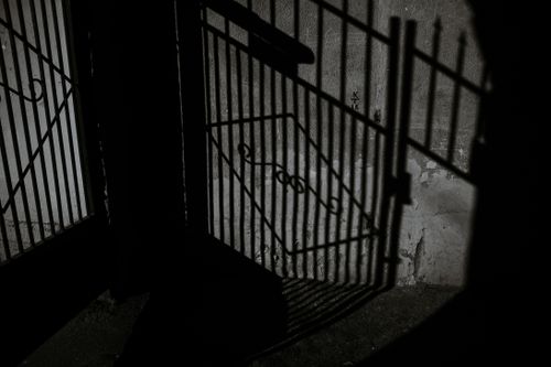 Free Black and white of aged concrete building exterior with sun shadow in form of metal gate decorated with carved details Stock Photo