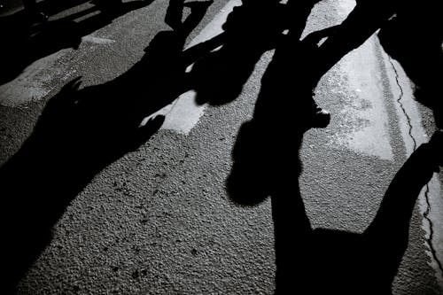 Faceless people silhouettes on crosswalk in town