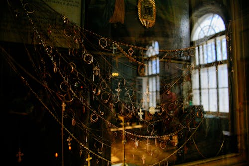 Collection of golden crosses in old cathedral