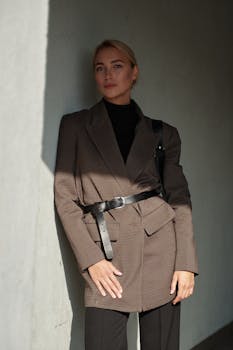 A woman in a stylish plaid blazer poses gracefully against a minimalist background.