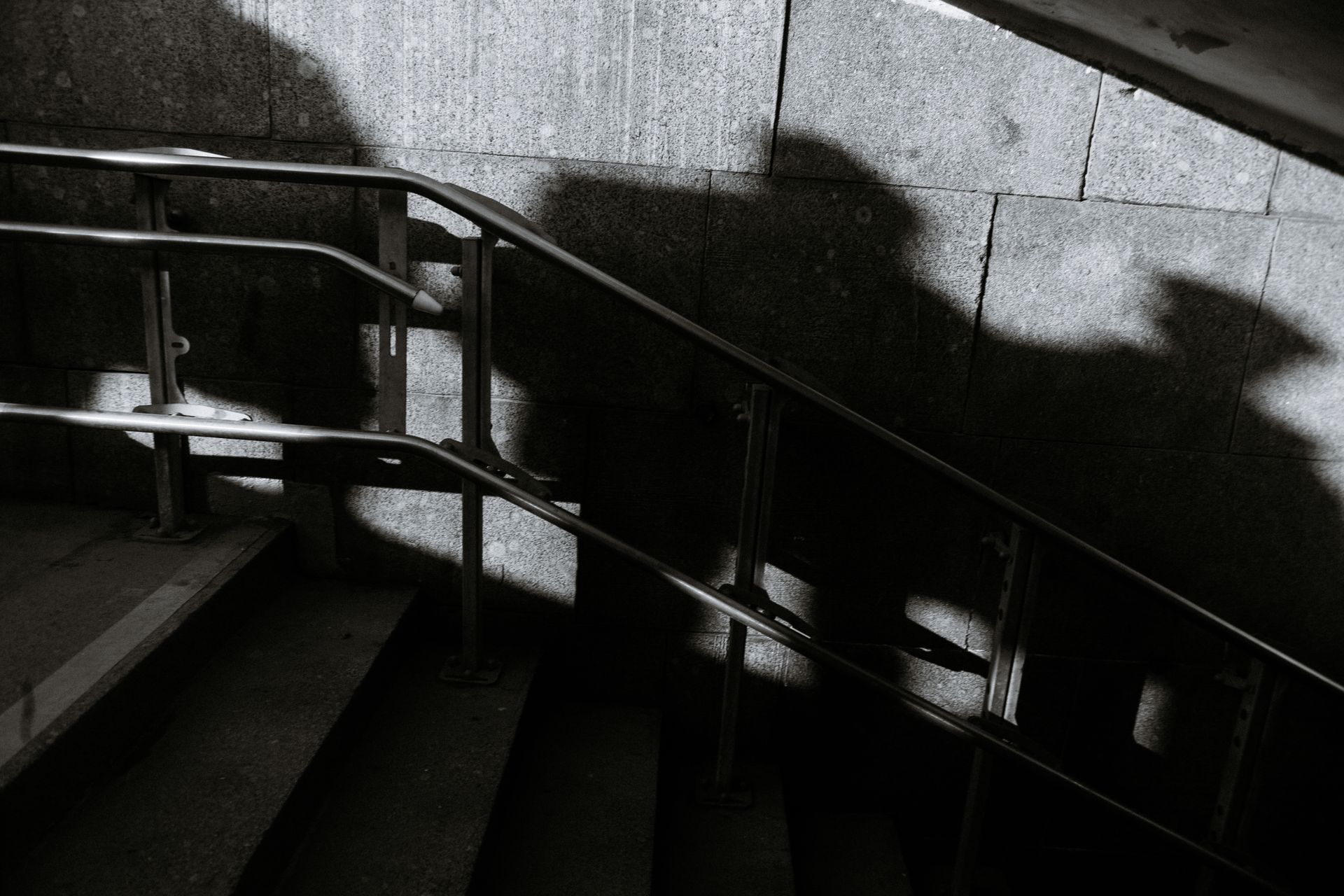 A black and white photo of a staircase with metal railings casting dramatic shadows.