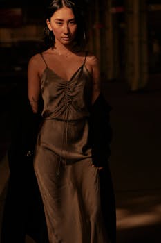 Elegant fashion portrait of a woman in a stylish outfit with moody lighting.