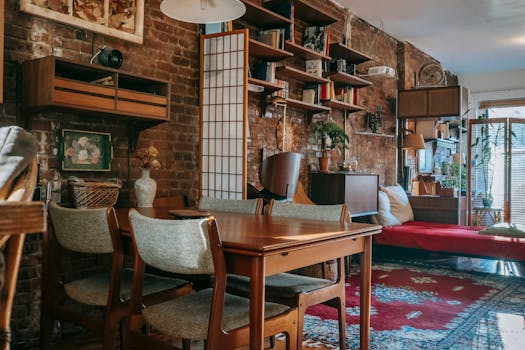 Warm vintage-inspired apartment living area with brick walls, retro furniture, and eclectic decor.