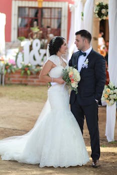 An elegant outdoor wedding portrait featuring a joyful couple in formal attire.