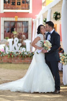 Bride and groom share a romantic moment outdoors, captured in a heartwarming wedding portrait.