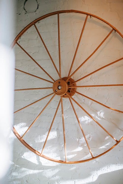 Vintage fashioned wheel on brick wall