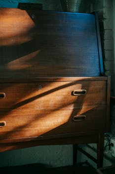 Interior of dwell room with vintage wooden dresser near brick wall under sunlight