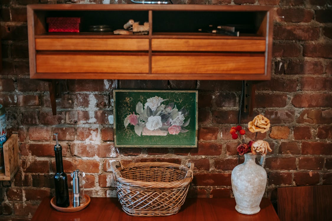 Vintage room with wooden furniture and flowers