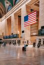 Classic interior of urban building with American flag