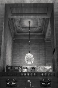 High-angle view of a chandelier in the historic Grand Central Terminal, showcasing classic architecture.