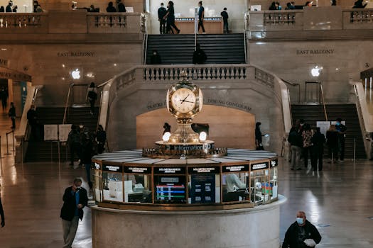 Iconic Grand Central Terminal with its famous clock and busy atmosphere in New York City.