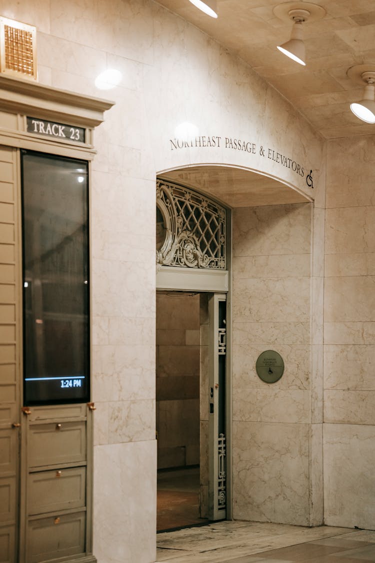 Opened Door To Elevators And Passage At Historic Railway Station