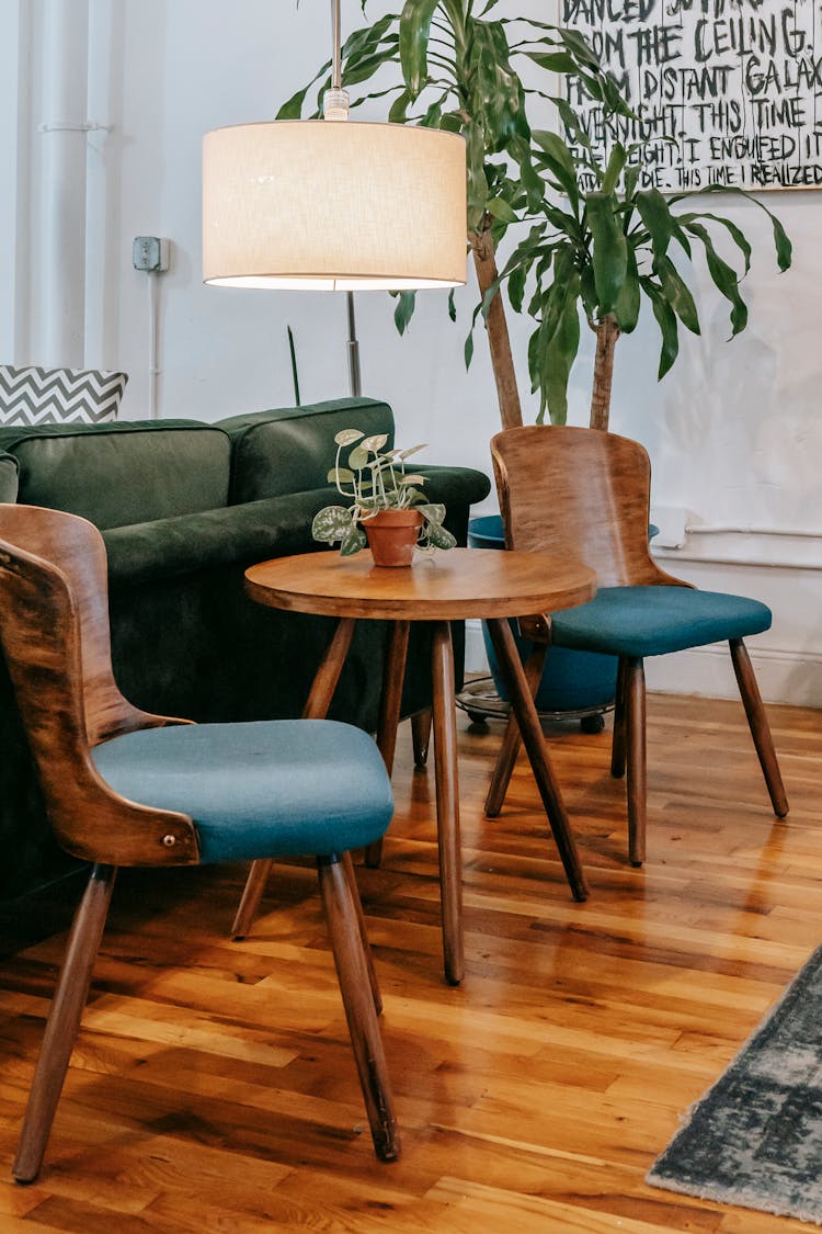 Cozy Interior Of Living Room With Wooden Chairs And Table