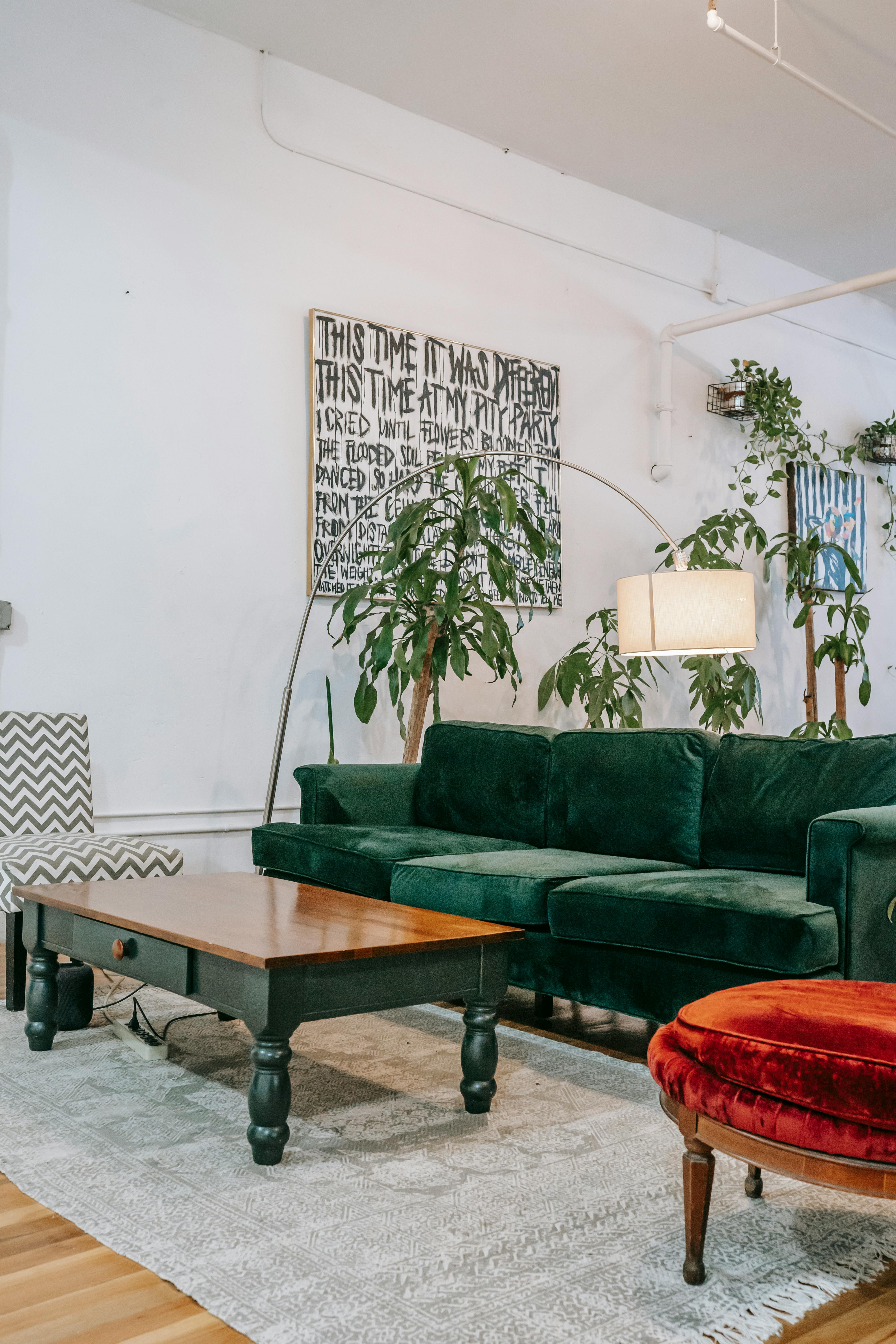 living room interior with furniture and plants at home