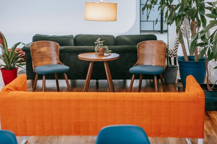 Shared lounge with a low table and potted greenery. Photo by Charlotte May on Pexels