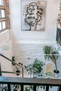High angle stairway flight decorated with green potted houseplants and creative painting on white wall in light mansion
