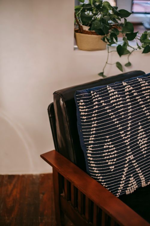 Free Fragment of soft armchair with cushion and wooden armrests placed in room near white wall and green potted plant on windowsill Stock Photo