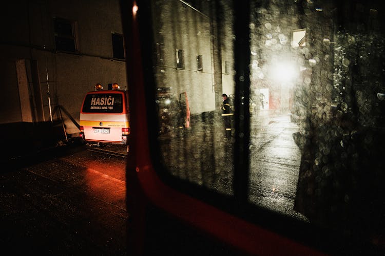 Wet Glass Of A Firetruck