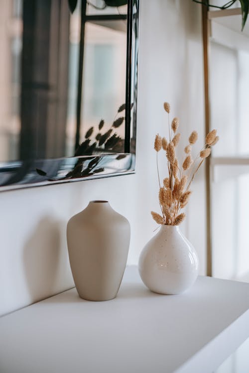 Ceramic vase with dried plant stems reflecting in mirror in house room in daytime