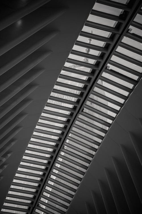 Transparent geometric roof in building in daylight