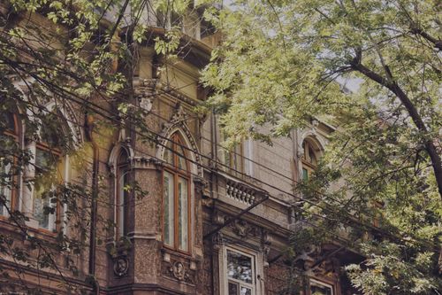 Free Elegant vintage building facade with ornate details surrounded by lush summer foliage. Stock Photo