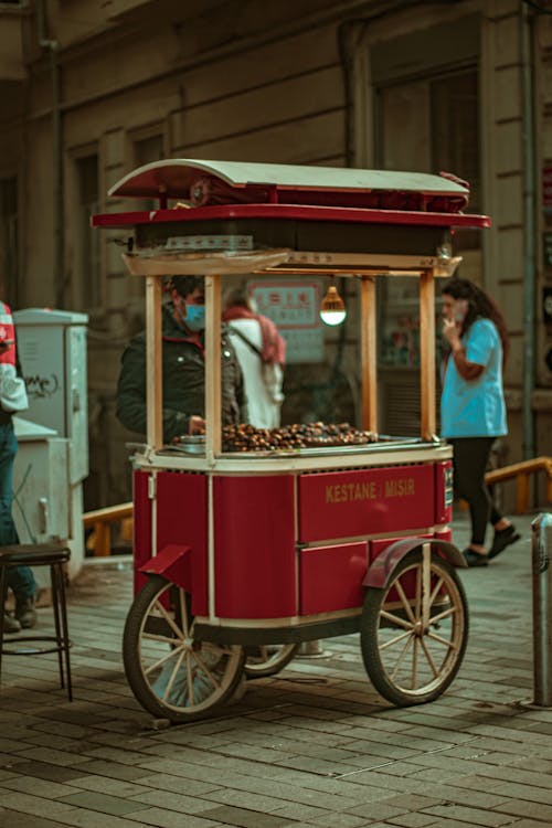 Red Vintage Booth with Edible Chestnuts on Street