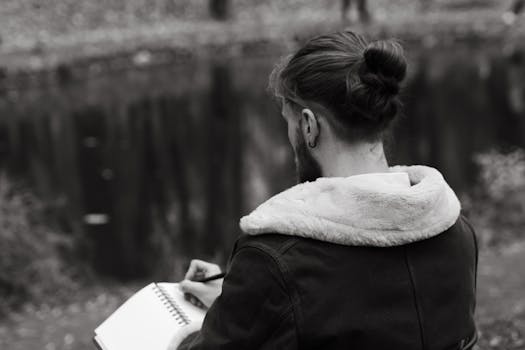 A person sketching by a pond in an autumn park setting, showcasing freelance creativity.
