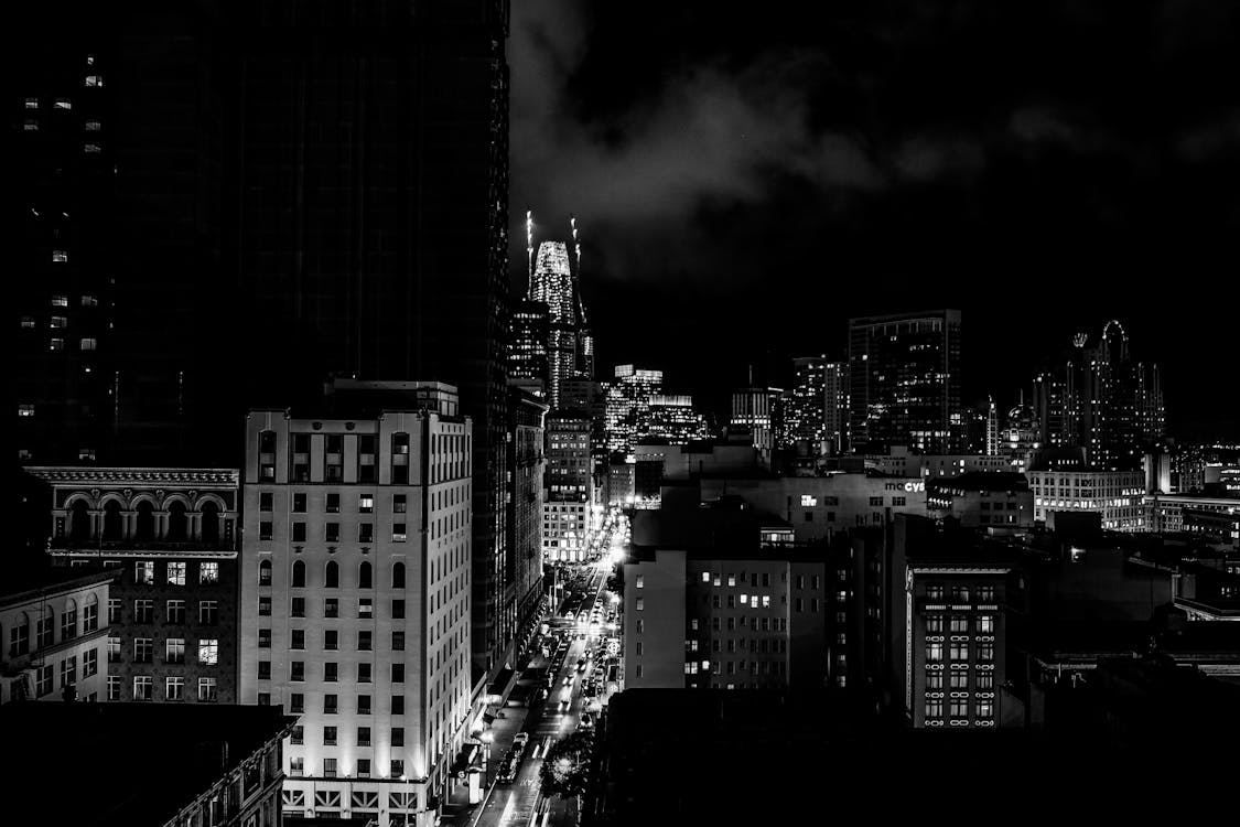 Black and White View of City at Night with Modern Skyscrapers · Free ...