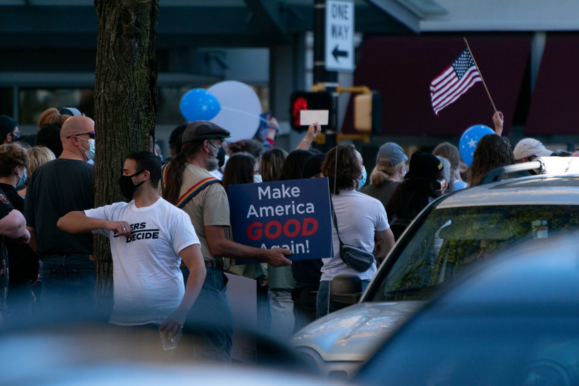 Crowd gathered for a political protest with signs and American flags on a city street.