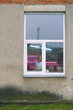 A man working inside a building is visible through a window, with neon lights in the background.
