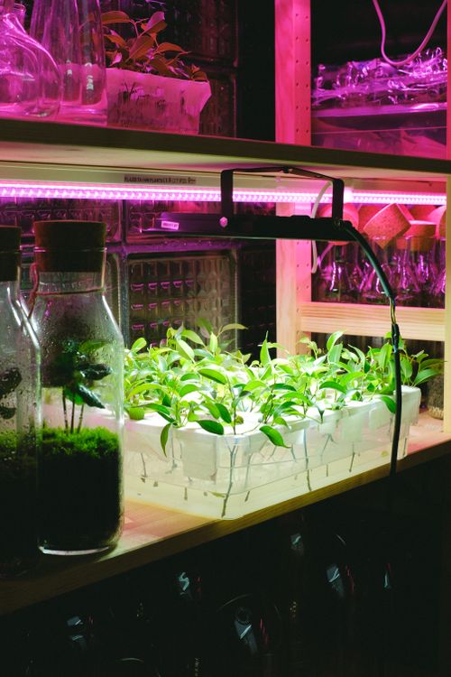Free Vibrant indoor plants growing under LED lighting in a modern hydroponic setup. Stock Photo