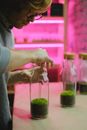 Person in Gray Long Sleeve Putting Stick on Clear Glass Bottle with Sand