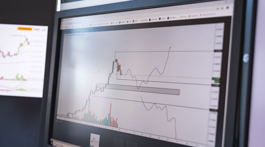 Stock market analysis charts displayed on a monitor showing candlestick patterns and price levels
