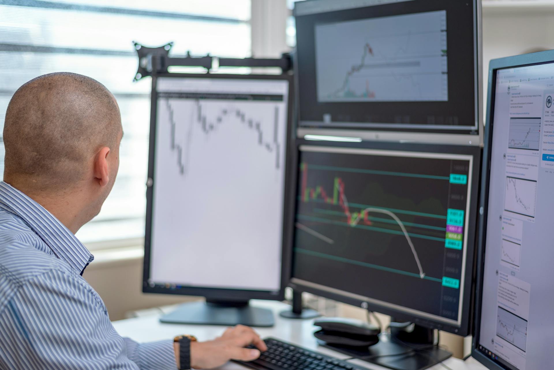 Trader analyzing financial data on multiple monitors in an office setting.