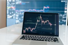 Laptop displaying cryptocurrency trading chart on a white desk.