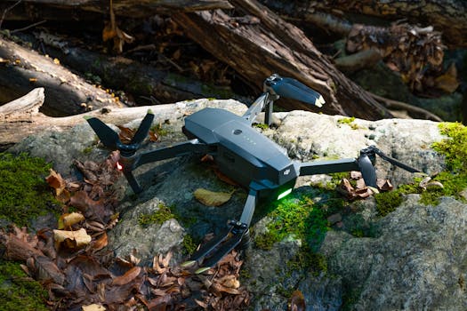 A drone lies on a moss-covered rock surrounded by dry leaves in a serene forest.