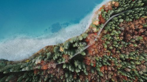 Free Aerial view of narrow asphalt road and serene turquoise ocean washing coastline with lush woodland Stock Photo