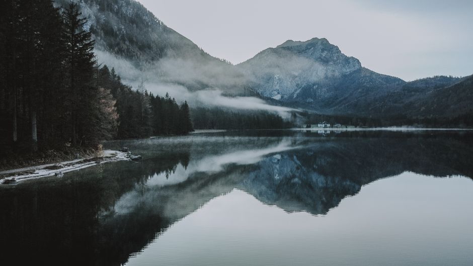 Spectacular scenery of calm pond near lush coniferous forest on coast in winter