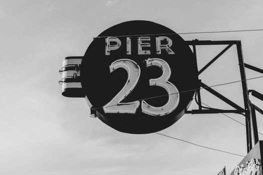 Black and white photo of the iconic Pier 23 sign in San Francisco, CA. 5832905