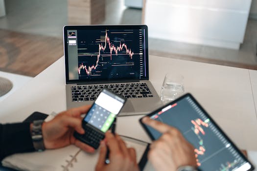 Hands using digital devices for financial analysis at a modern desk setup.
