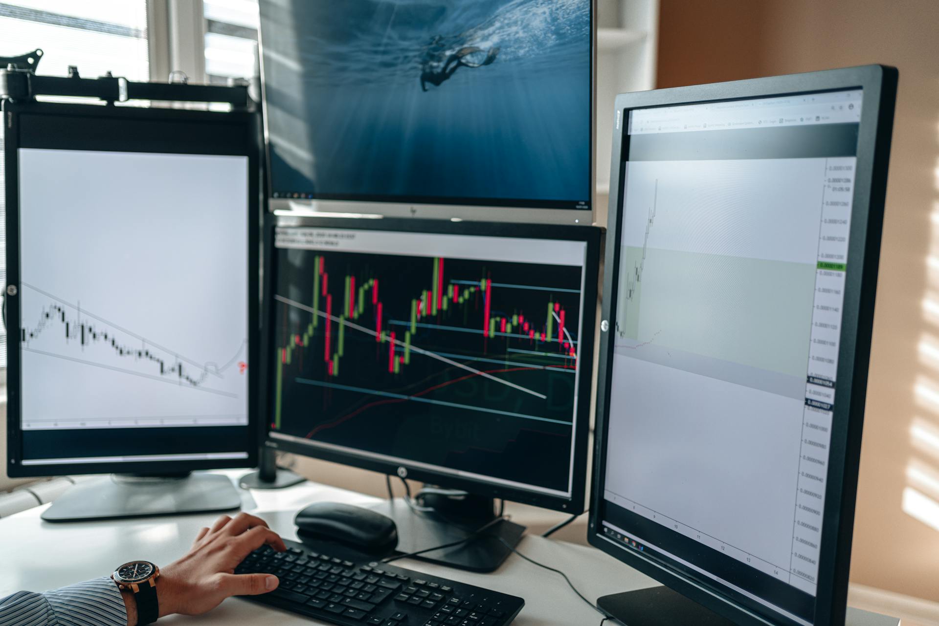 A multi-monitor stock trading setup showcasing charts and data analysis in a home office setting.