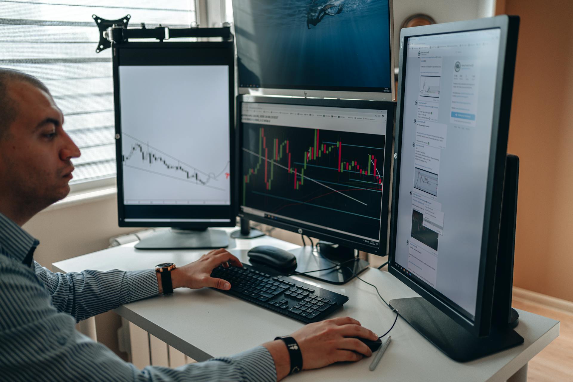 A professional in an office analyzing financial charts on multiple monitors, using advanced technology.