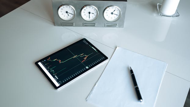 Tablet showing stock chart next to clocks and pen on desk. Perfect for business and finance themes.