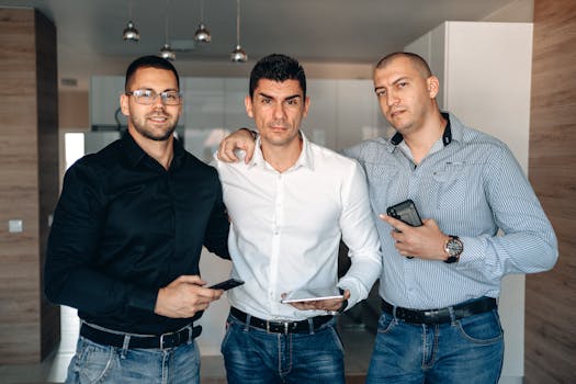Three adult men in casual attire smiling and holding devices in an indoor setting.