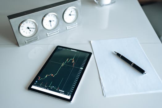 Tablet displaying stock chart on a minimal white workspace with clock and pen.