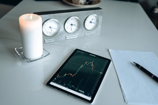 Minimalist desk setup with tablet showing trading graph alongside candle and clocks.